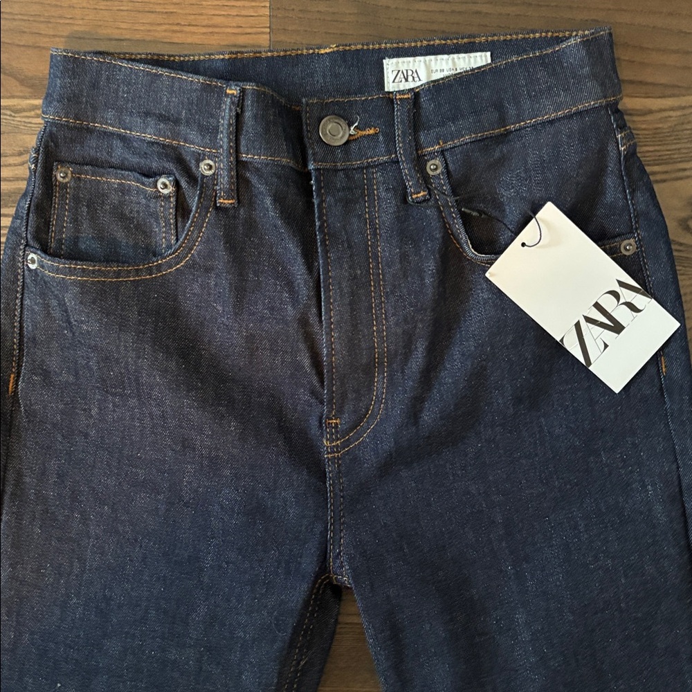 NWT Zara Indigo Dark Wash High Rise Staight Leg Cropped Jeans Sz 6 - Picture 2 of 8